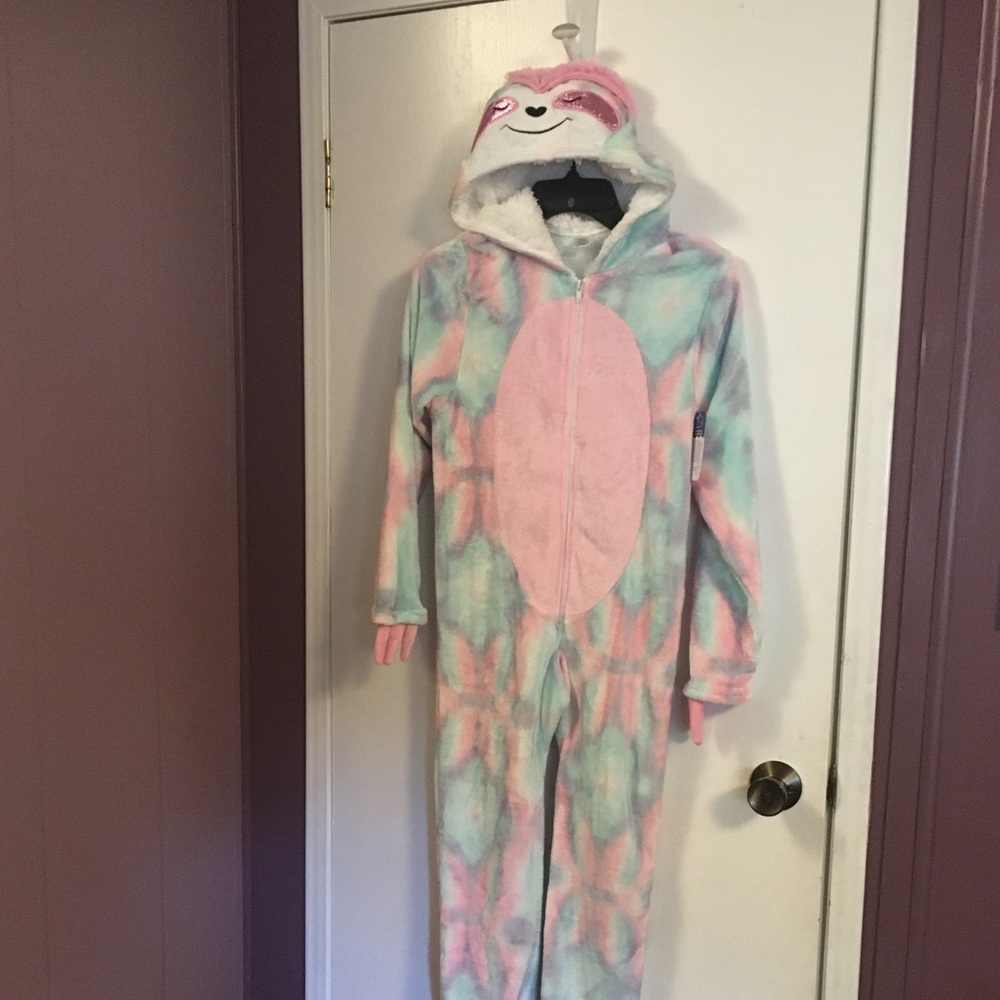 Girl Pajama zip Fleece Jumpsuit Sloth size M 10/12
